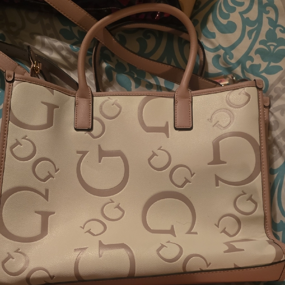 Guess Cream and Tan Satchel with Leather Trim